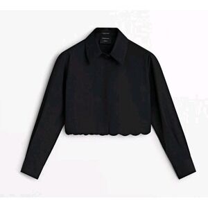 Massimo Dutti Cropped Button Down With Wavy Scallop Hem Black Size L NWT $149